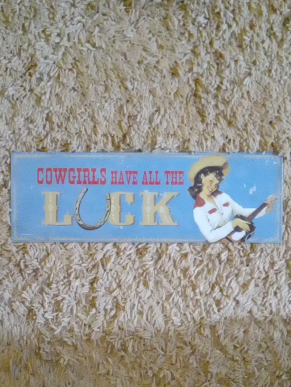 Vintage "Cowgirls Have All The Luck" Blue Metal Sign